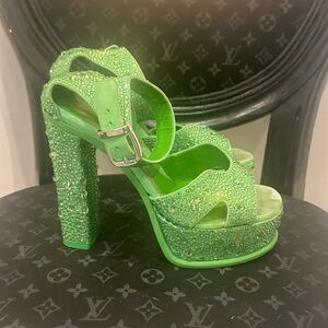 Alexander McQueen Emerald Sparkle Platform Sandals, Size 37.5